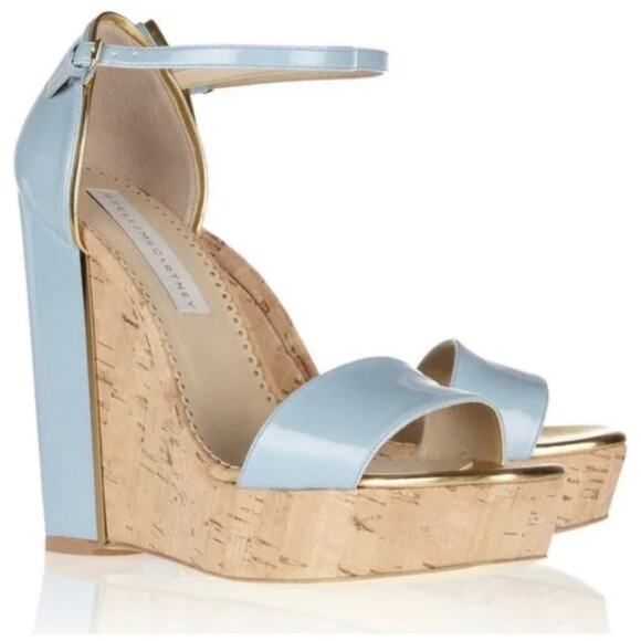 Women's Designer Stella McCartney D'Orsay Patent Cork Wedge, Sky size 36 Glam - Picture 1 of 10